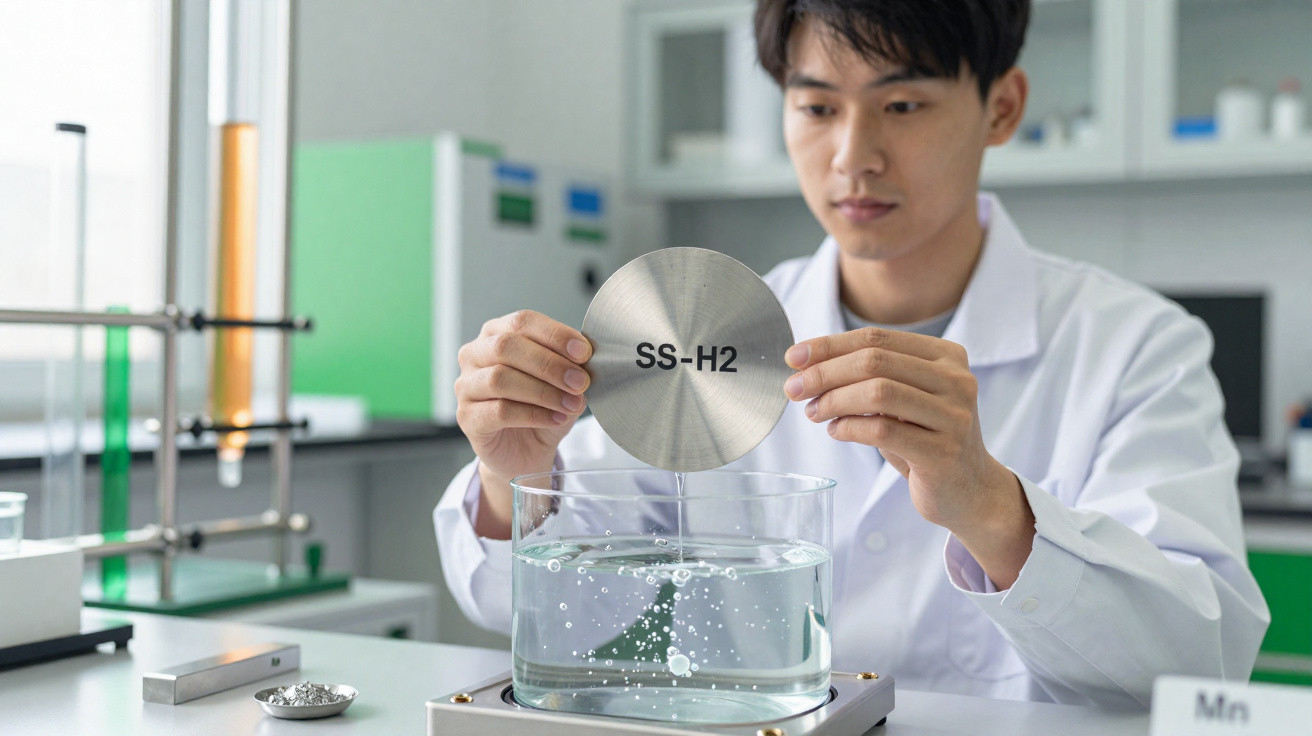 Cientista em laboratório segurando placa metálica SS-H2 sobre recipiente com líquido transparente.