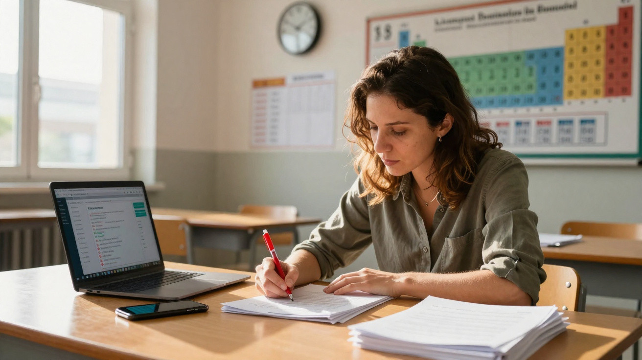 Mulher estudando com caderno, laptop e celular em mesa de sala de aula com quadro periódico ao fundo.