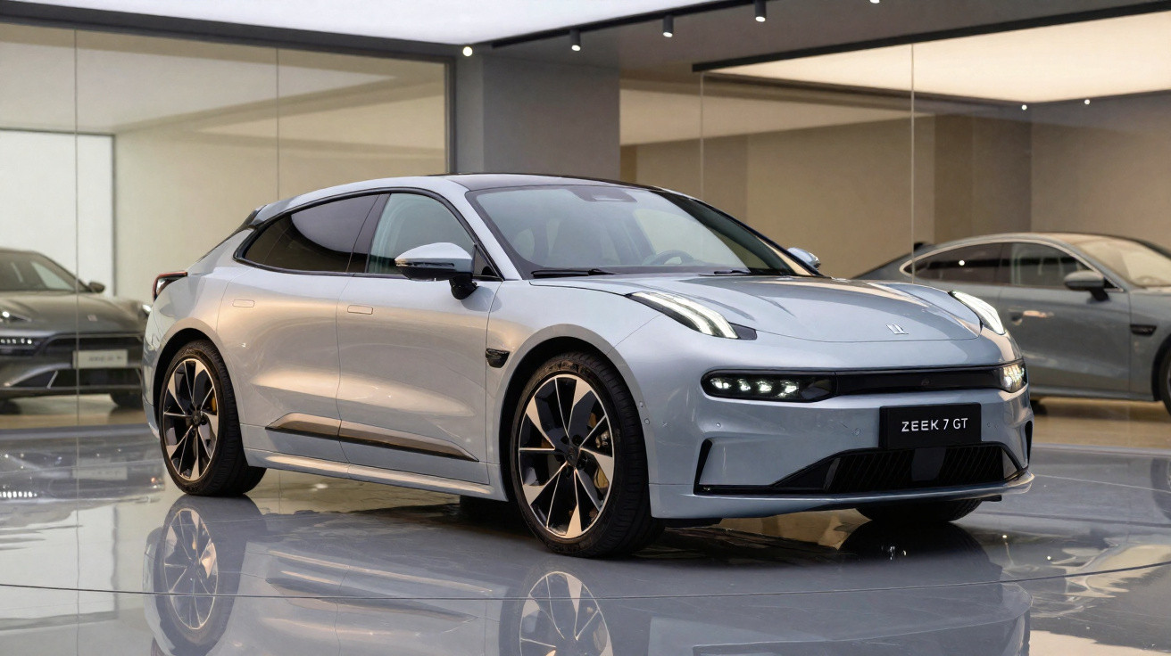 Carro elétrico cinza Zeekr 7 GT em showroom moderno com piso espelhado e paredes de vidro.