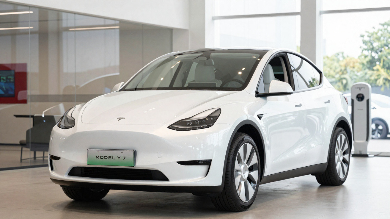 Carro elétrico Tesla Model Y 7 branco estacionado em showroom moderno com parede de vidro ao fundo.