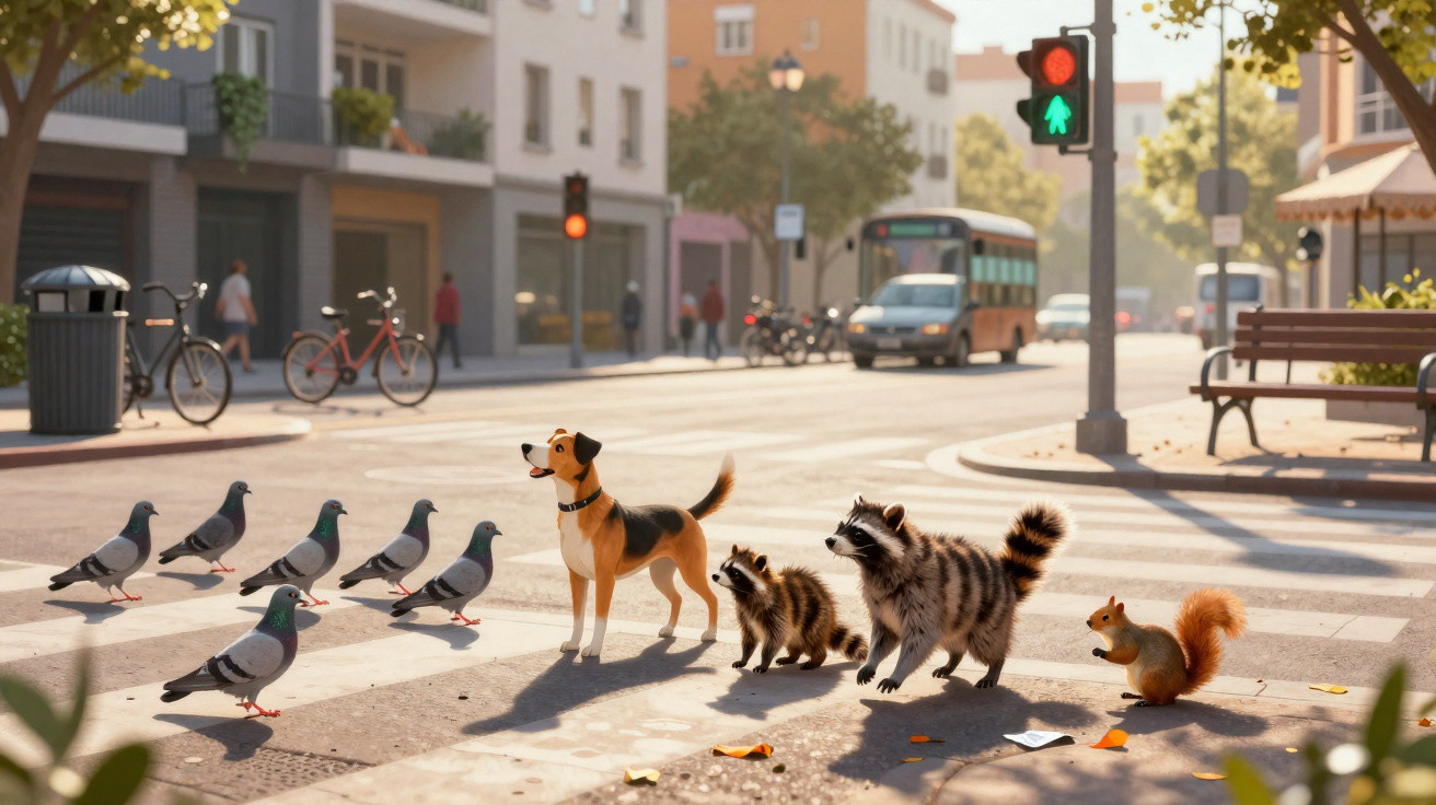 Cachorro, guaxinins e esquilo cruzando faixa de pedestres junto com pombos em dia ensolarado na cidade.