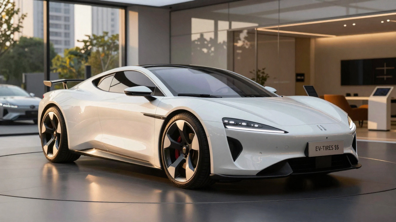 Carro esportivo elétrico branco com teto preto em exposição em ambiente interno moderno.