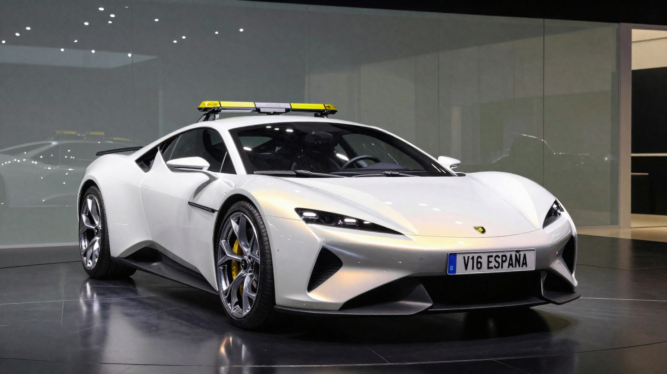 Carro esportivo branco de luxo com sirene no teto exibido em salão automobilístico.