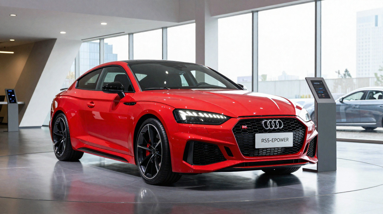 Carro esportivo Audi RS5-E power vermelho exposto em salão moderno com grandes janelas.