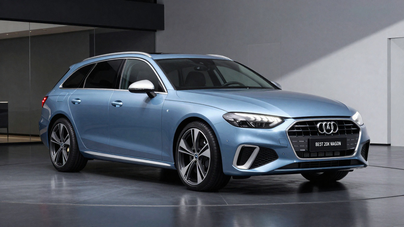 Carro Audi azul metálico modelo station wagon em ambiente interno com piso cinza.