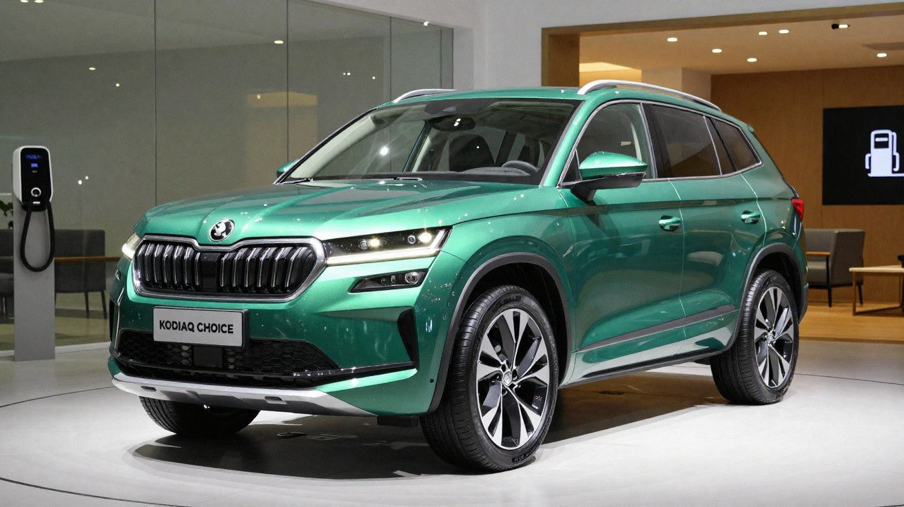 Carro SUV verde metálico Škoda Kodiaq Choice exposto em ambiente interno moderno.