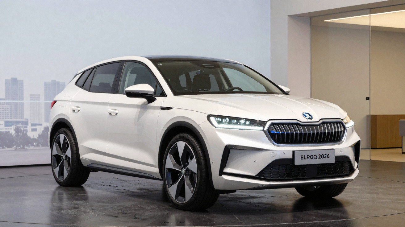 Carro elétrico branco Skoda Elroq 2026 exibido em ambiente interno moderno.