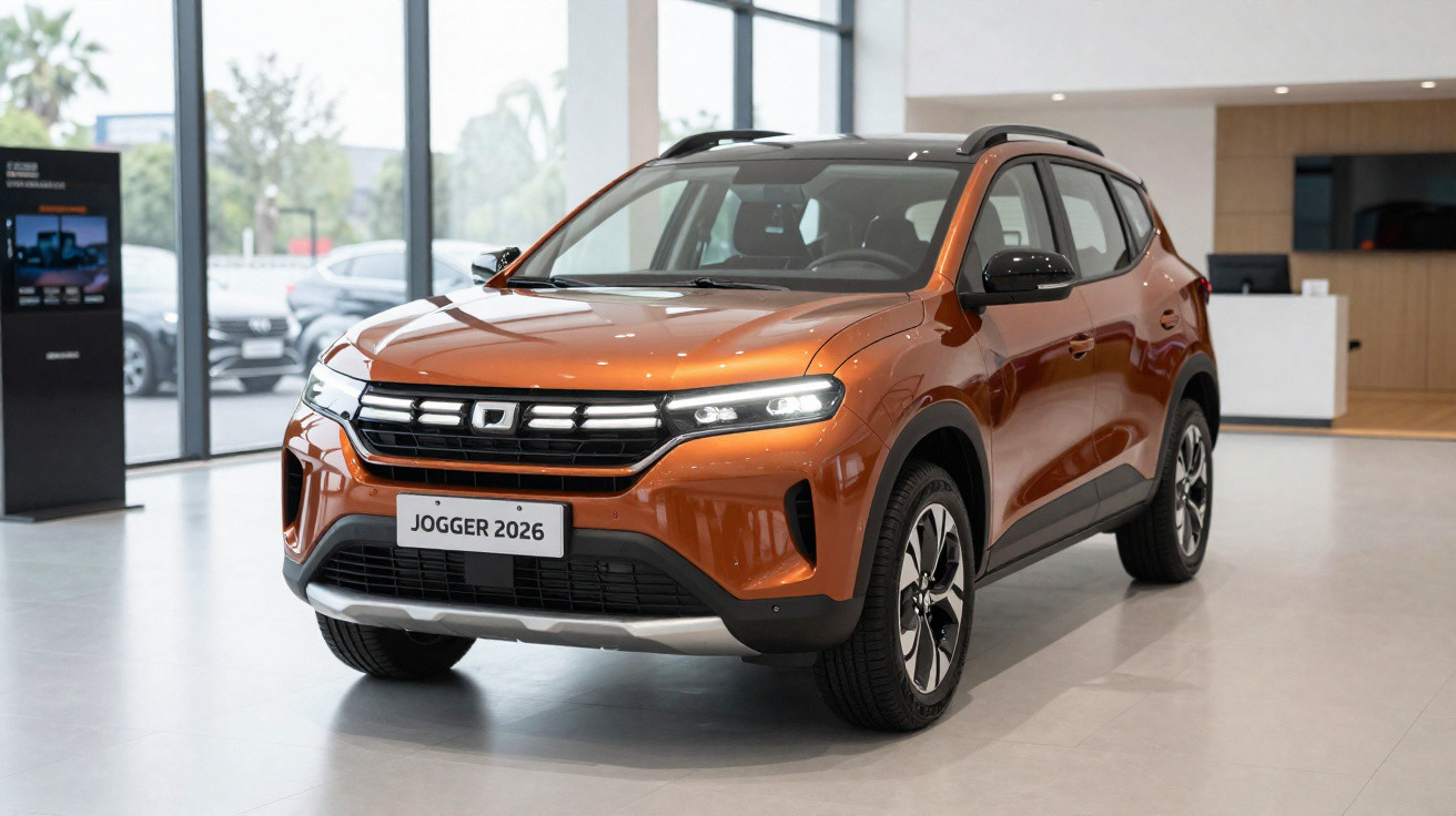 Carro SUV laranja Jogger 2026 exibido em showroom moderno com piso branco e paredes claras.
