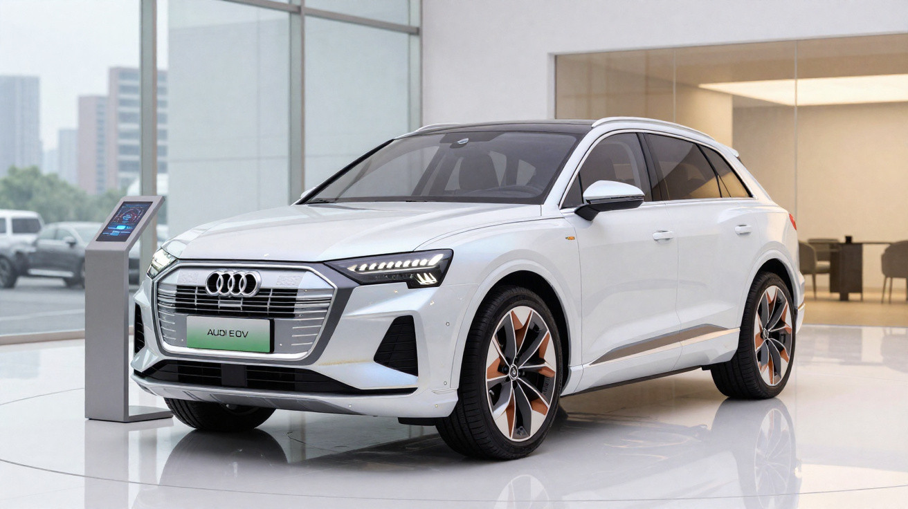 Carro elétrico Audi EQV branco estacionado em showroom moderno com parede de vidro ao fundo.