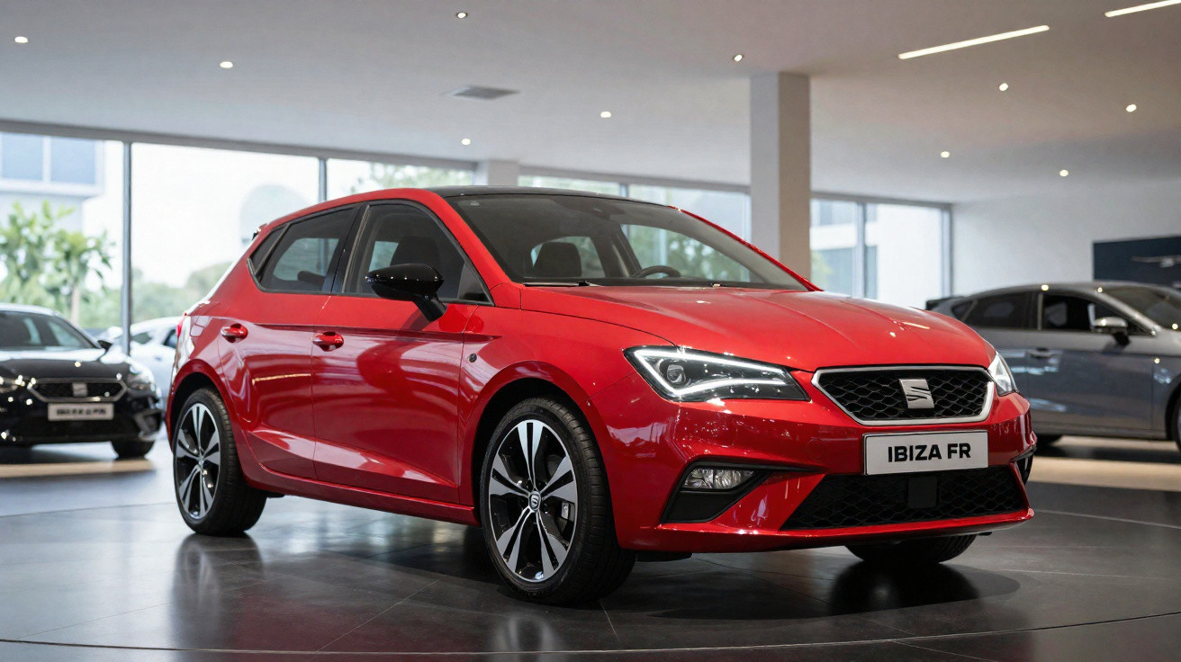 Carro vermelho Seat Ibiza FR exposto em showroom moderno com iluminação natural e piso espelhado.