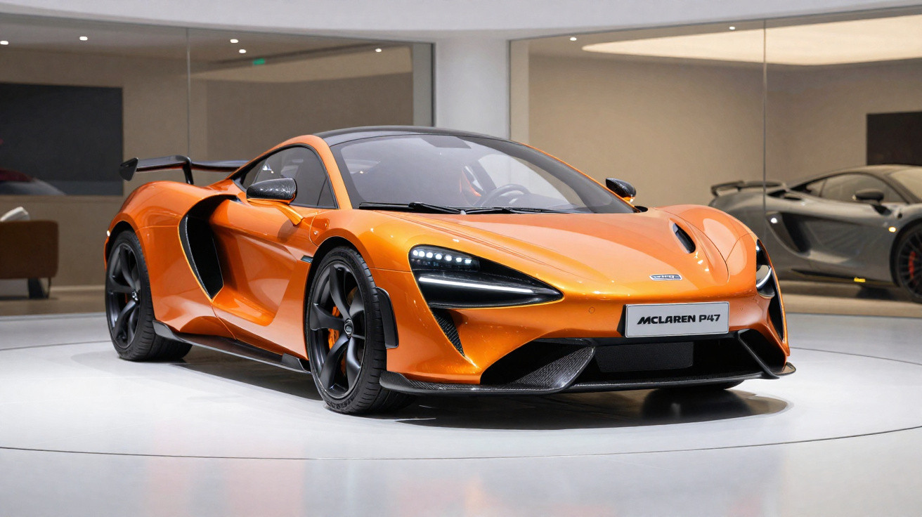 Carro esportivo McLaren P1 GTR laranja em exibição dentro de showroom moderno e iluminado.