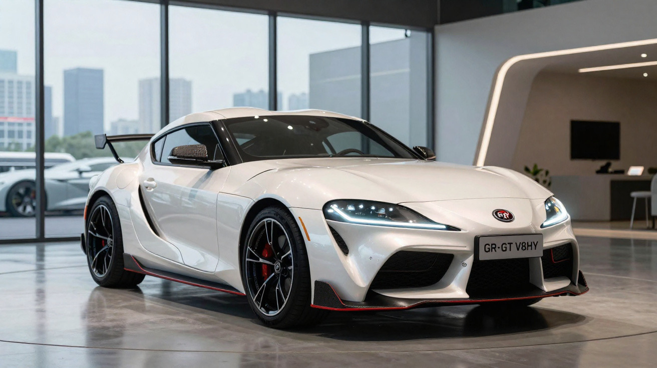 Carro esportivo branco Toyota GR Supra em exibição em showroom moderno com janelas grandes.