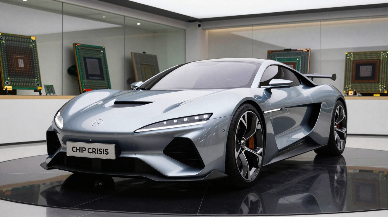 Carro esportivo prata em exposição, com placa "CHIP CRISIS" e grandes chips eletrônicos ao fundo.