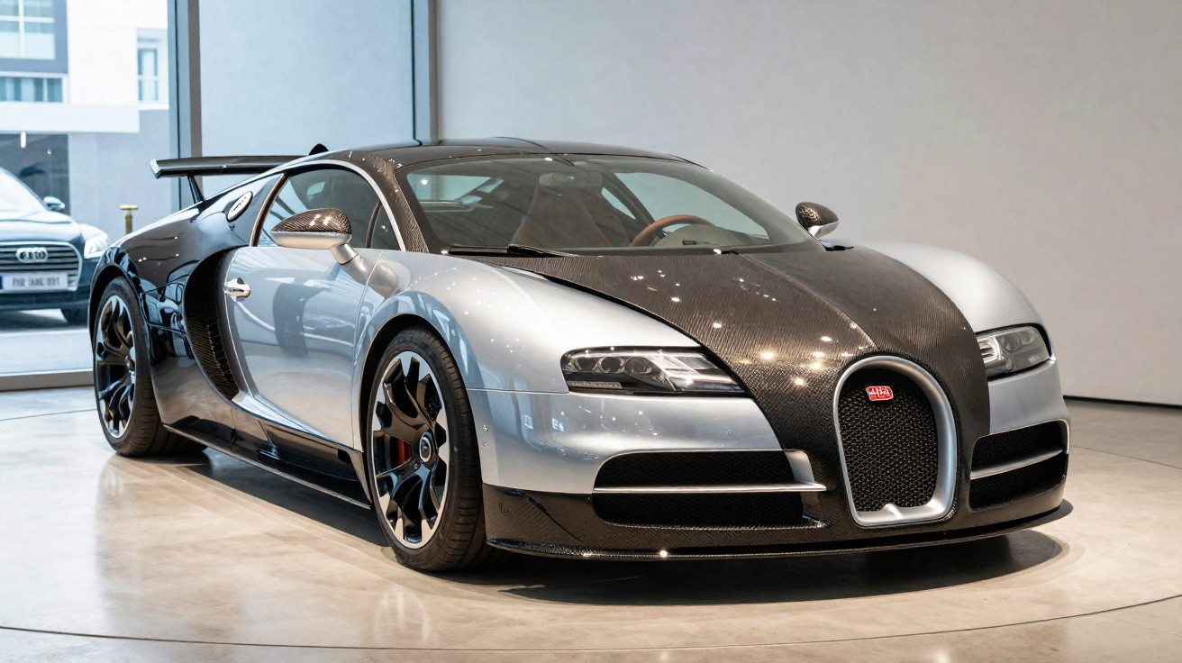 Carro esportivo Bugatti Veyron preto e prata em exposição interna em piso de concreto polido.