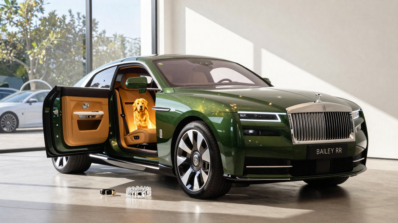 Carro luxuoso verde com porta aberta e cachorro dourado sentado no banco traseiro em showroom.