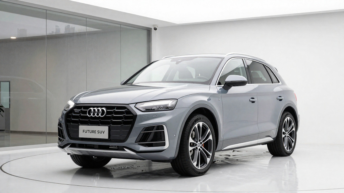 SUV Audi cinza estacionado em estúdio branco com piso brilhante, placa escrita "FUTURE SUV".