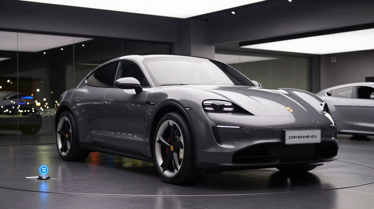 Carro esportivo elétrico cinza Porsche Taycan exposto em showroom moderno com iluminação suave.