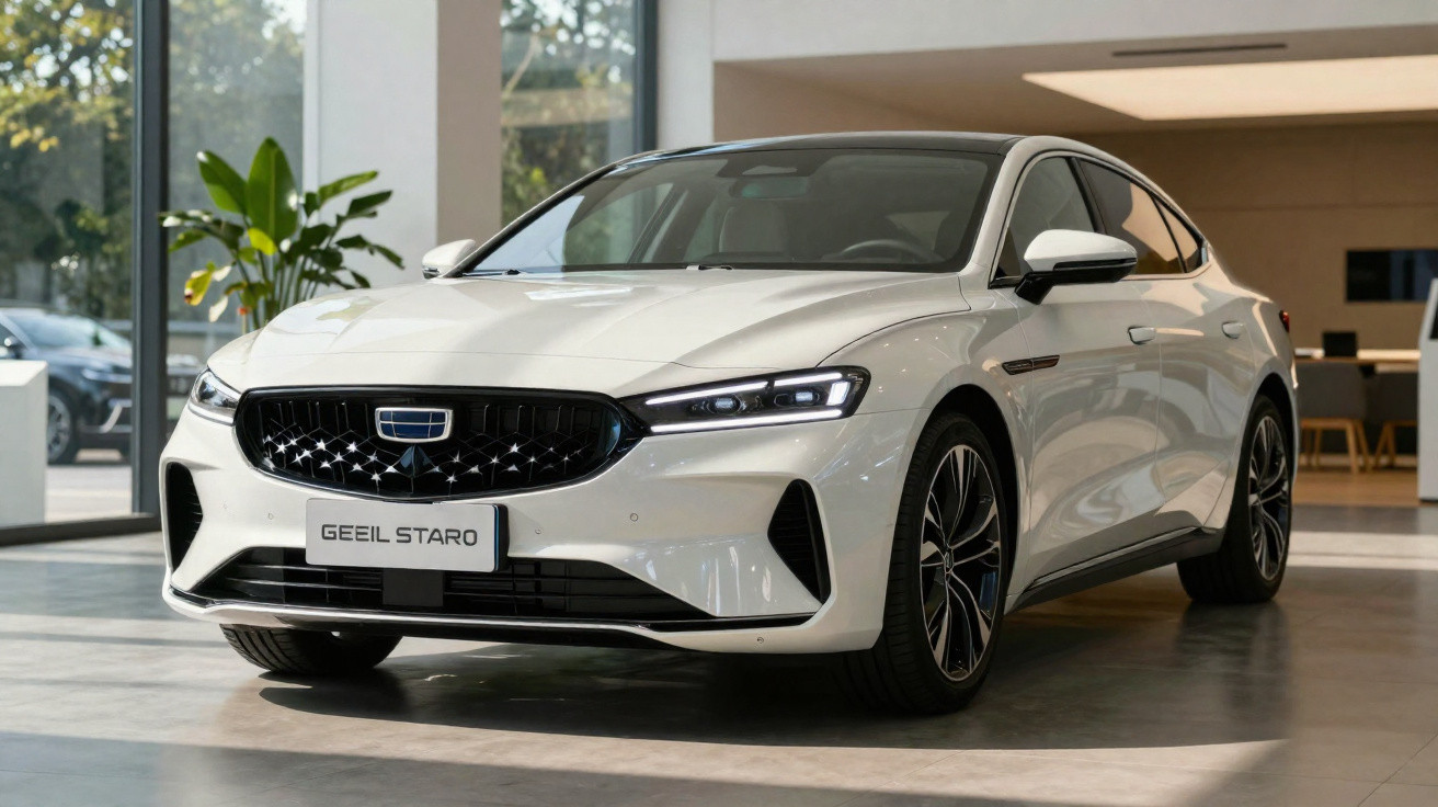 Carro branco Geely Staro elétrico estacionado dentro de showroom com chão refletindo luz natural.