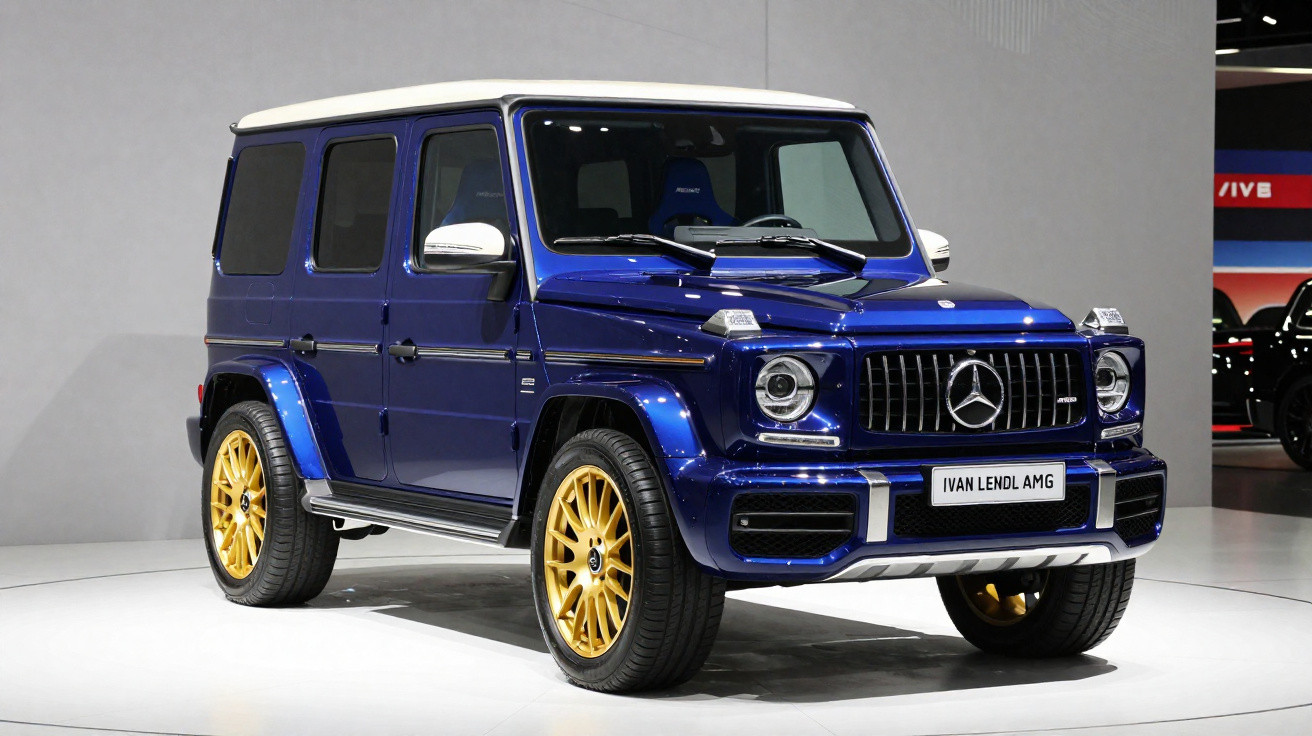 Carro SUV Mercedes-Benz G-Class azul com teto branco e rodas douradas em exposição.