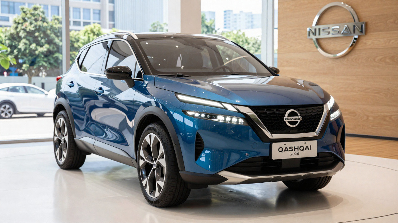 Carro SUV azul Nissan Qashqai 2024 em exposição dentro de concessionária moderna.