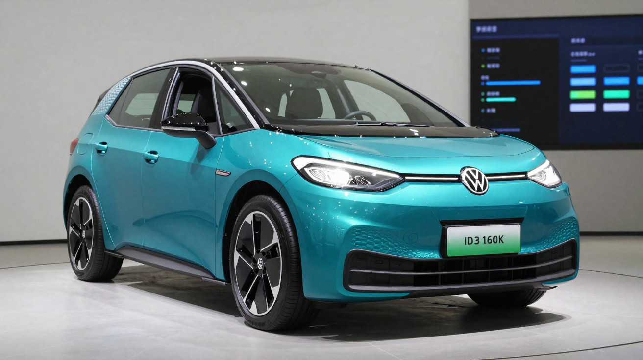 Carro elétrico VW ID.3 160K azul em exposição, vista frontal lateral direita.