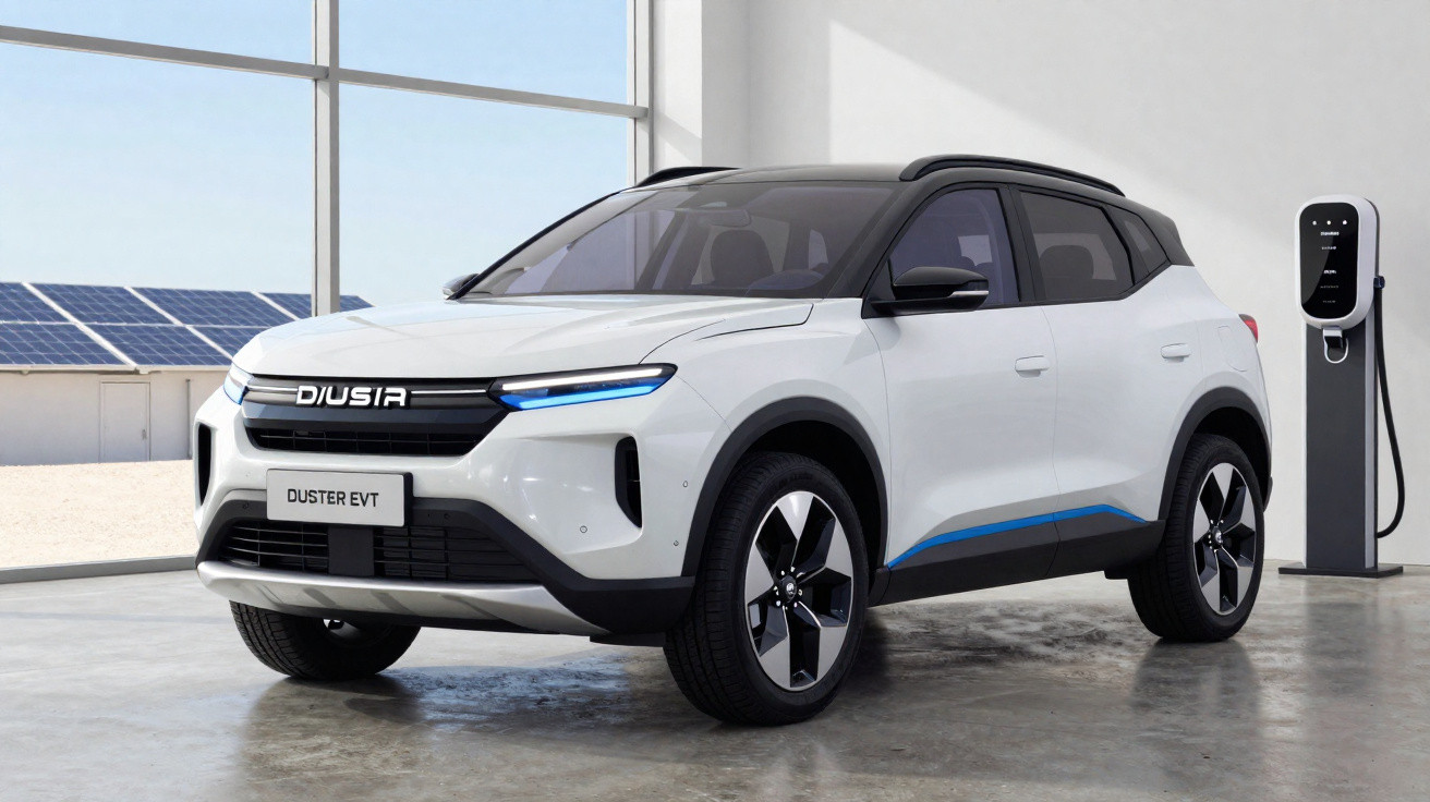 Carro elétrico branco Duster EVT estacionado em garagem com estação de recarga e painéis solares ao fundo.