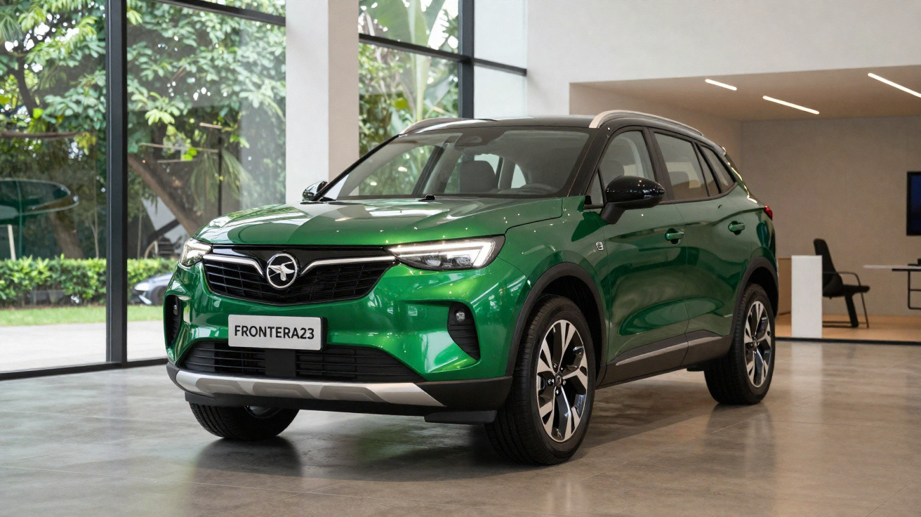 Carro SUV verde Opel Frontera 23 estacionado em ambiente interno com luz natural.