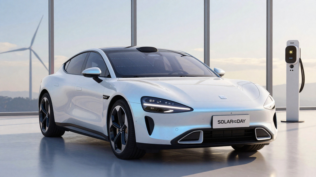 Carro elétrico branco estacionado em garagem moderna com painel solar e moinho de vento ao fundo.