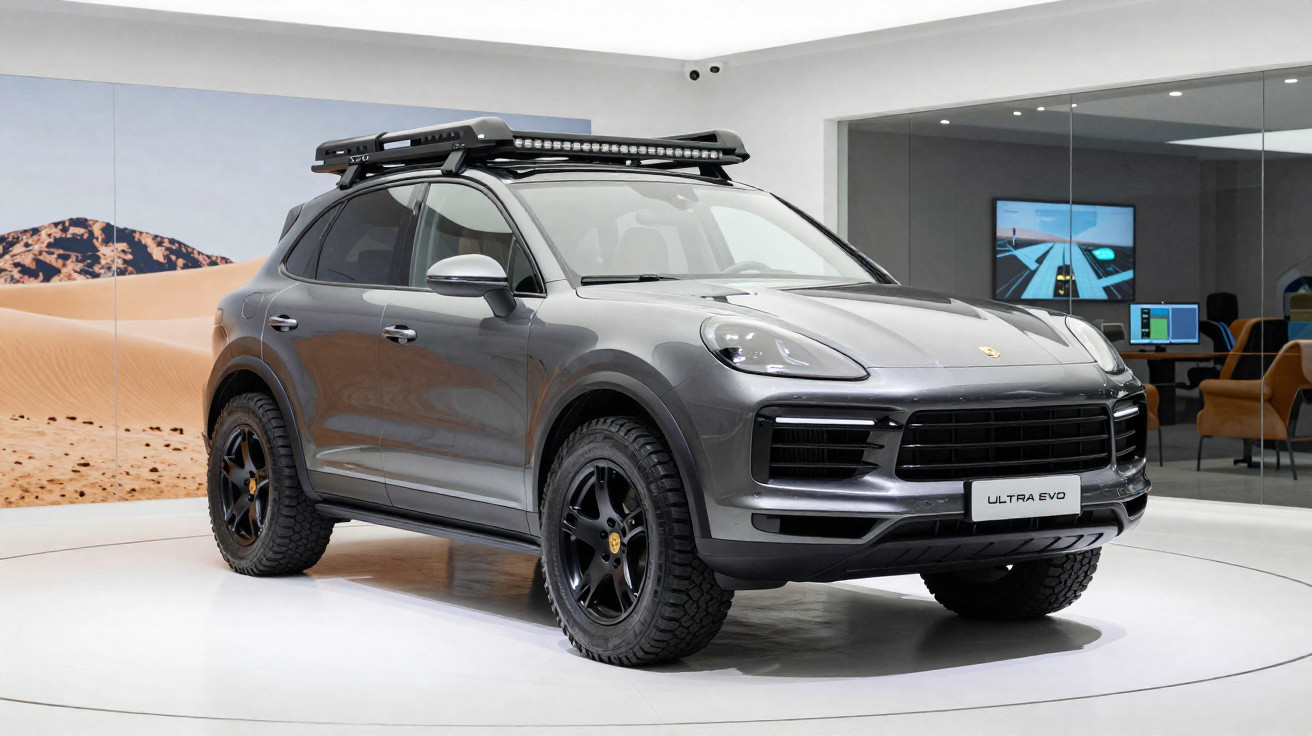 Carro SUV cinza com design esportivo em exposição, equipado com pneus off-road e bagageiro no teto.