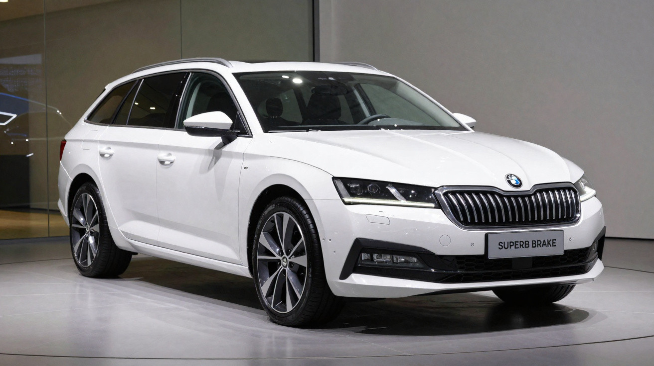 Carro branco modelo perua com placa "SUPERB BRAKE" exposto em ambiente interno moderno.