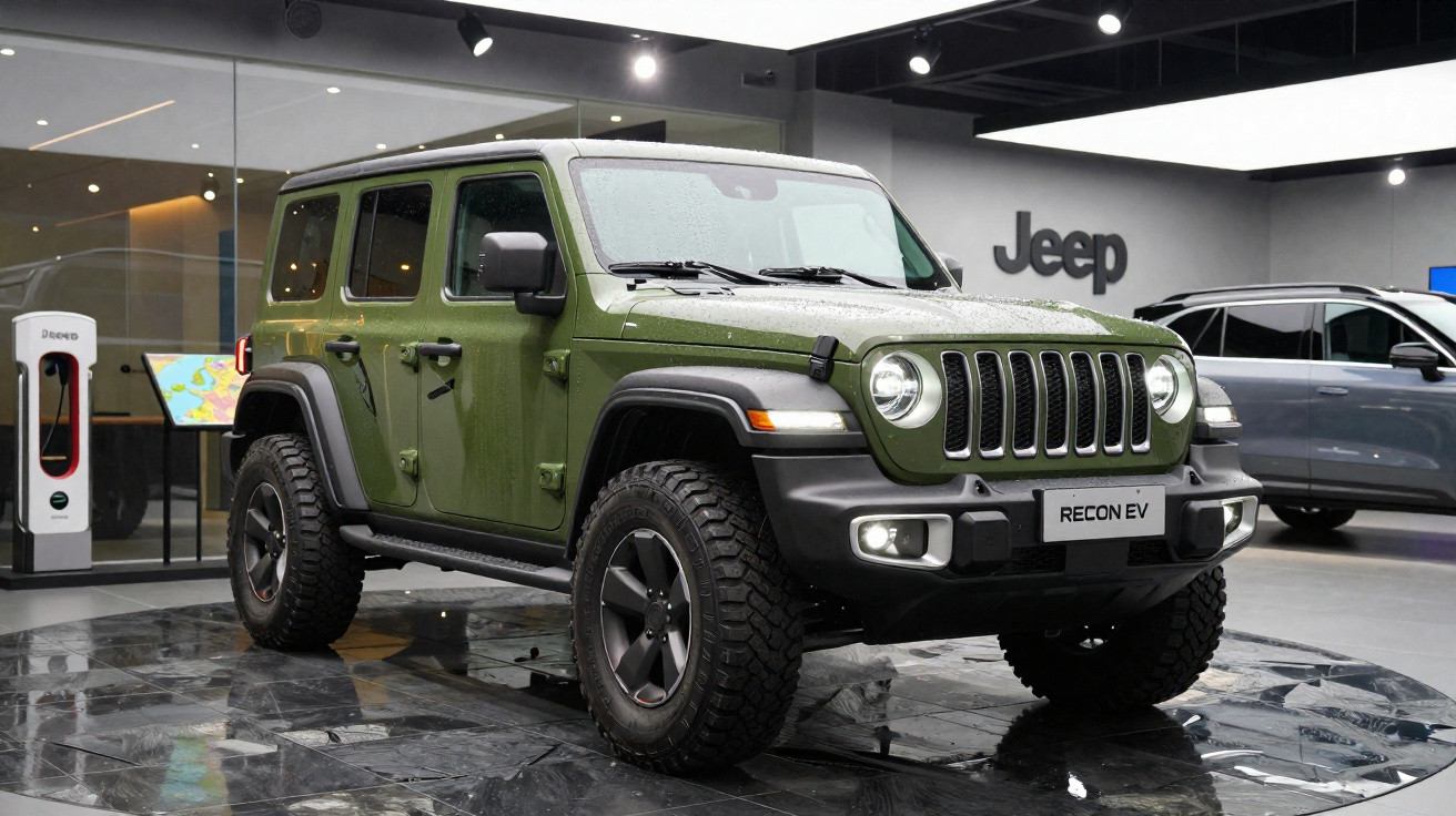 Jeep verde militar estacionado em showroom, com placa Recon EV e pneus robustos para off-road.
