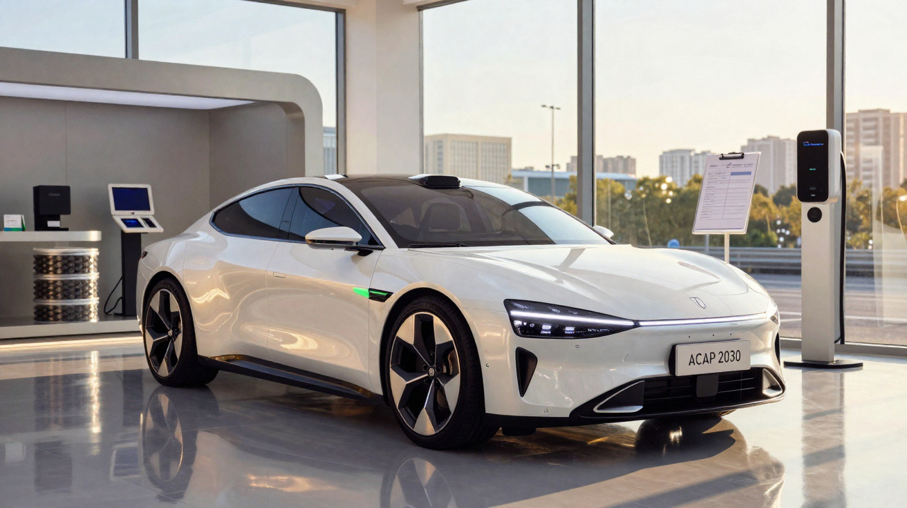 Carro elétrico branco futurista exposto em showroom moderno com grandes janelas e estação de carregamento.