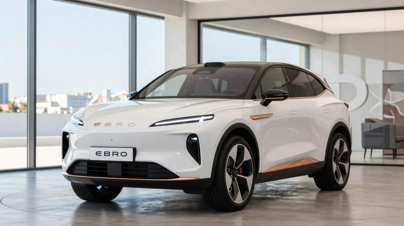 Carro elétrico branco modelo SUV da marca EBRO exposto em showroom moderno e bem iluminado.