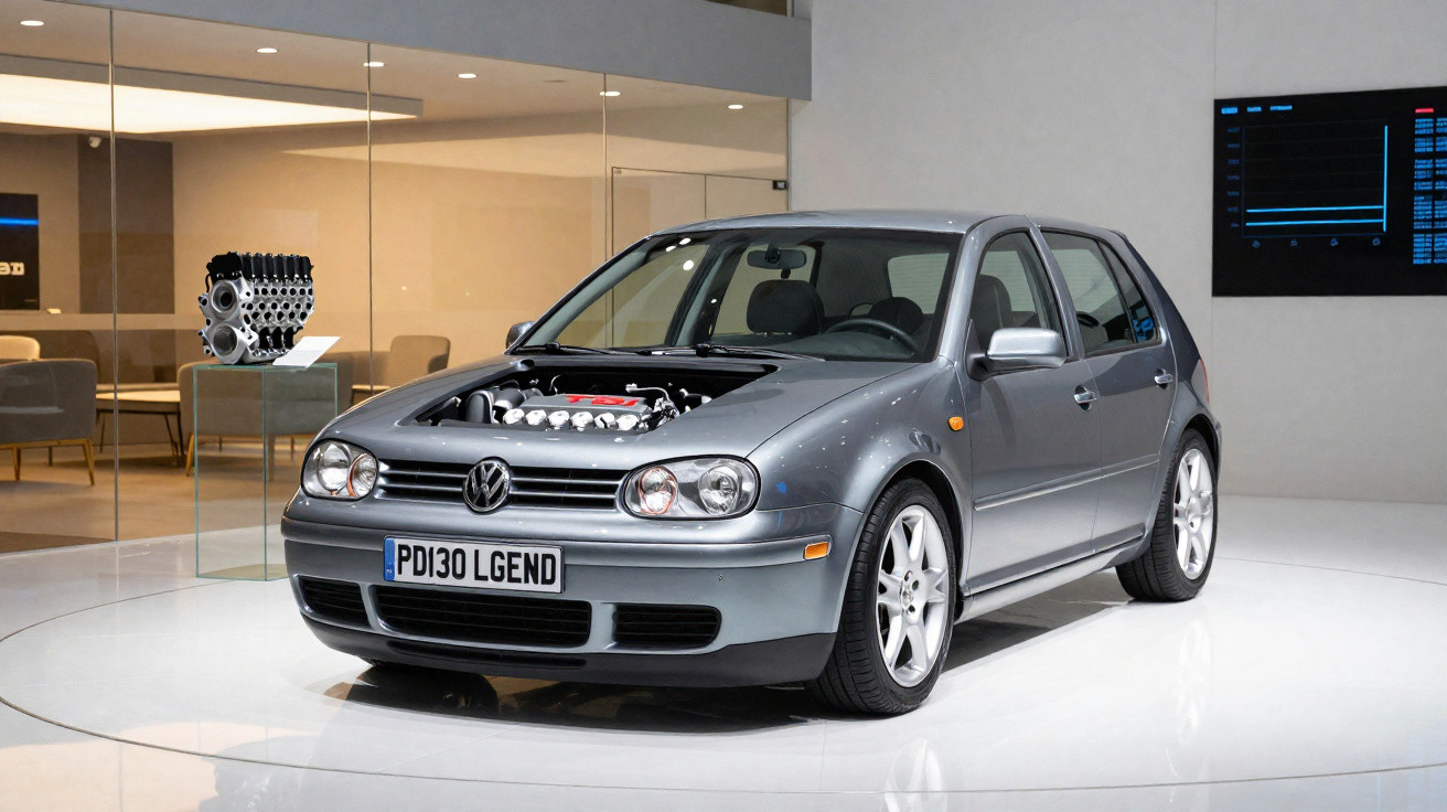 Carro Volkswagen Golf cinza exposto em ambiente interno com motor visível no capô aberto.