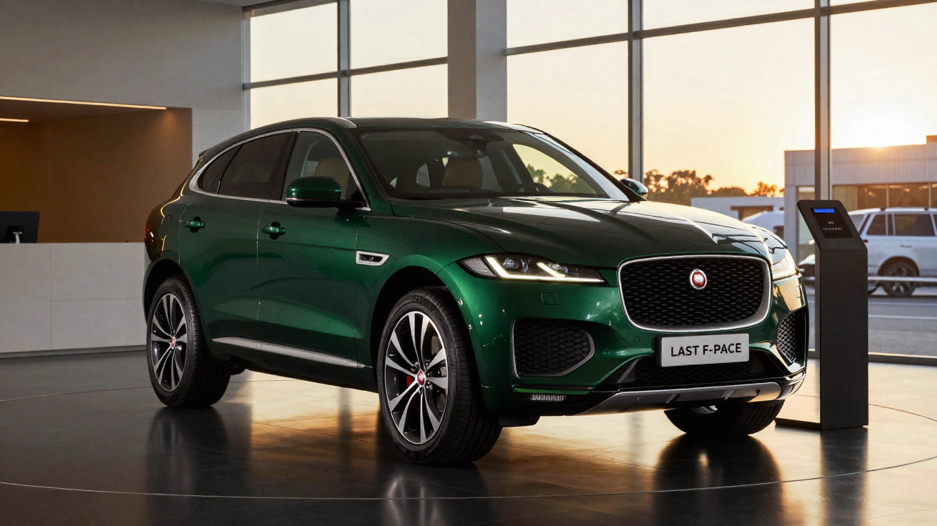 SUV Jaguar F-PACE verde exposto em showroom com luz natural ao entardecer.
