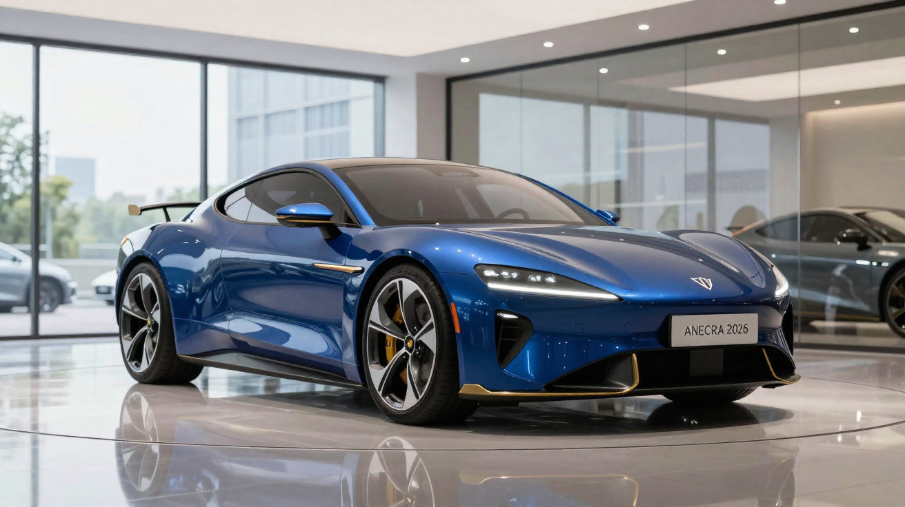 Carro esportivo azul ANECRA 2026 exibido em showroom moderno com piso brilhante e janelas amplas.