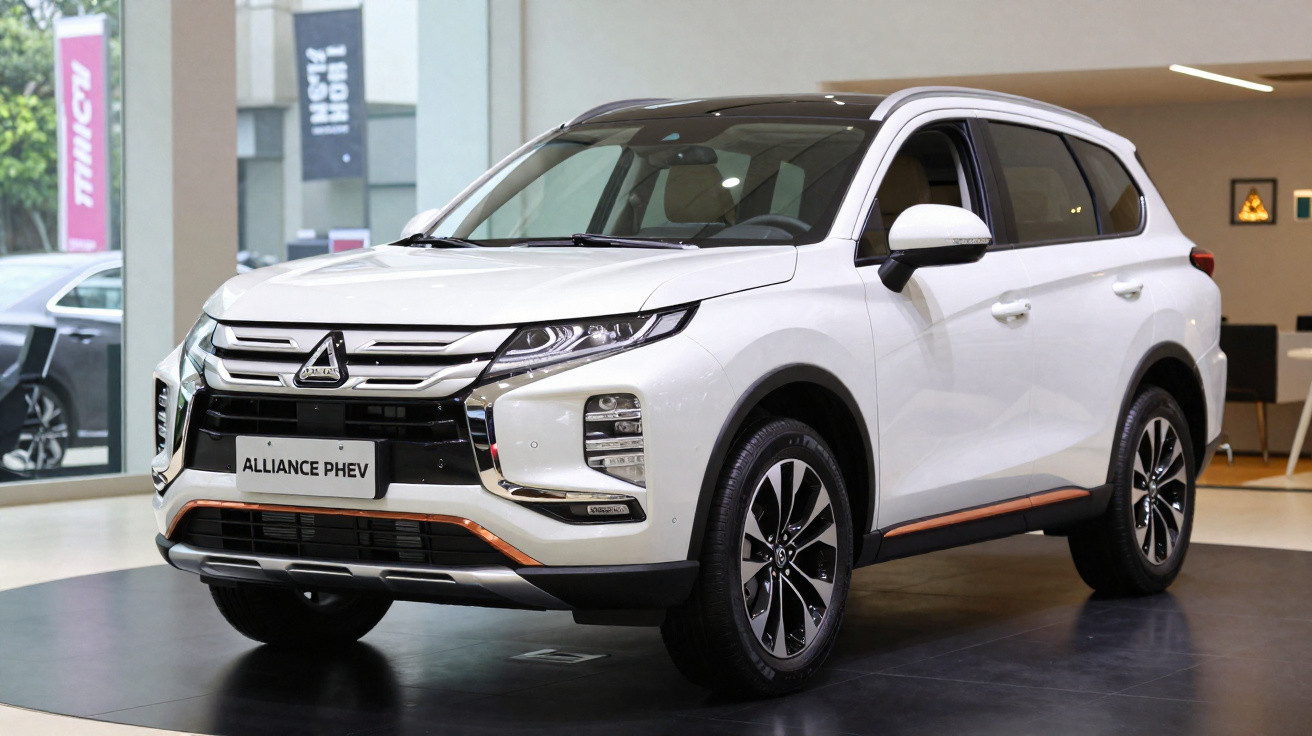 SUV Mitsubishi Alliance PHEV branco exibido em showroom moderno.