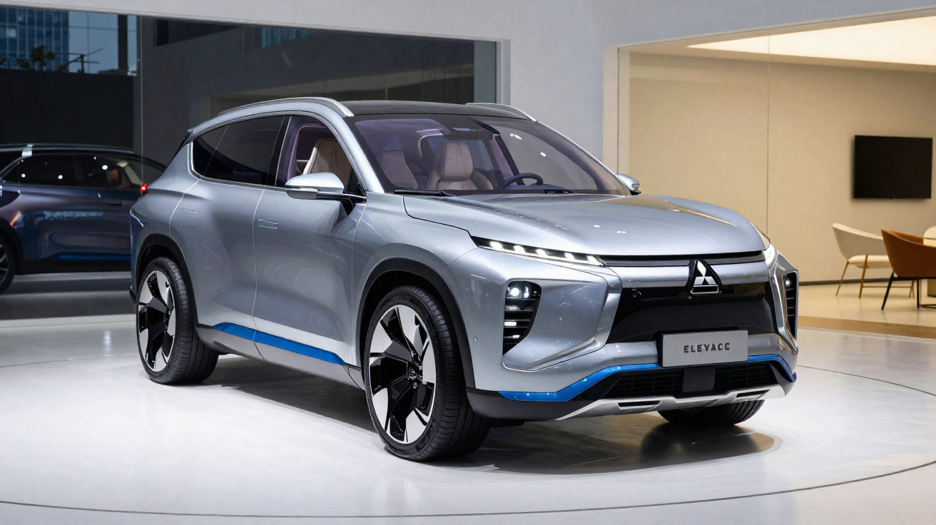 SUV elétrico Mitsubishi ELEYAC em exposição com acabamento prata e detalhes em azul.