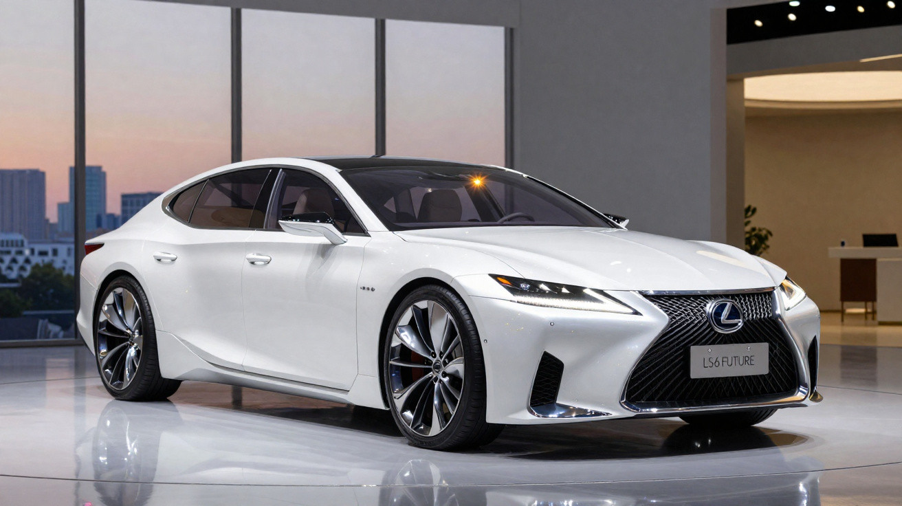 Carro sedan branco Lexus LS 6 FUTURE exibido em salão moderno com grandes janelas ao entardecer.