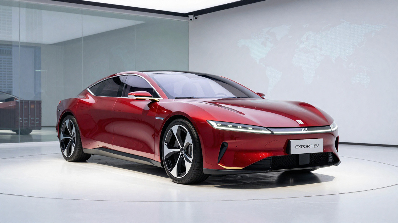 Carro elétrico esportivo vermelho em ambiente moderno e iluminado, com design aerodinâmico e rodas grandes.