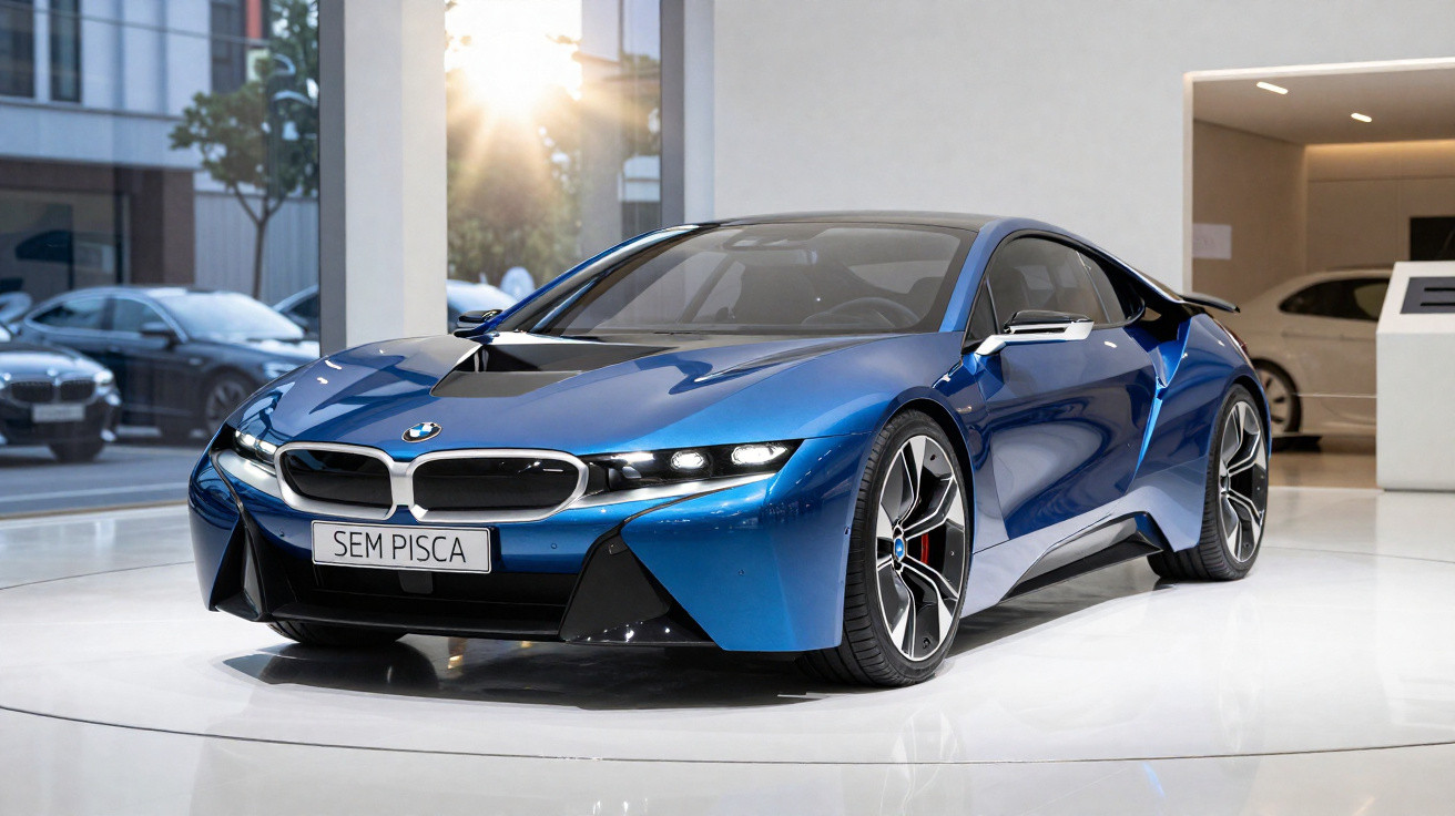 Carro esportivo BMW azul exposto em showroom moderno com luz natural entrando pela janela.