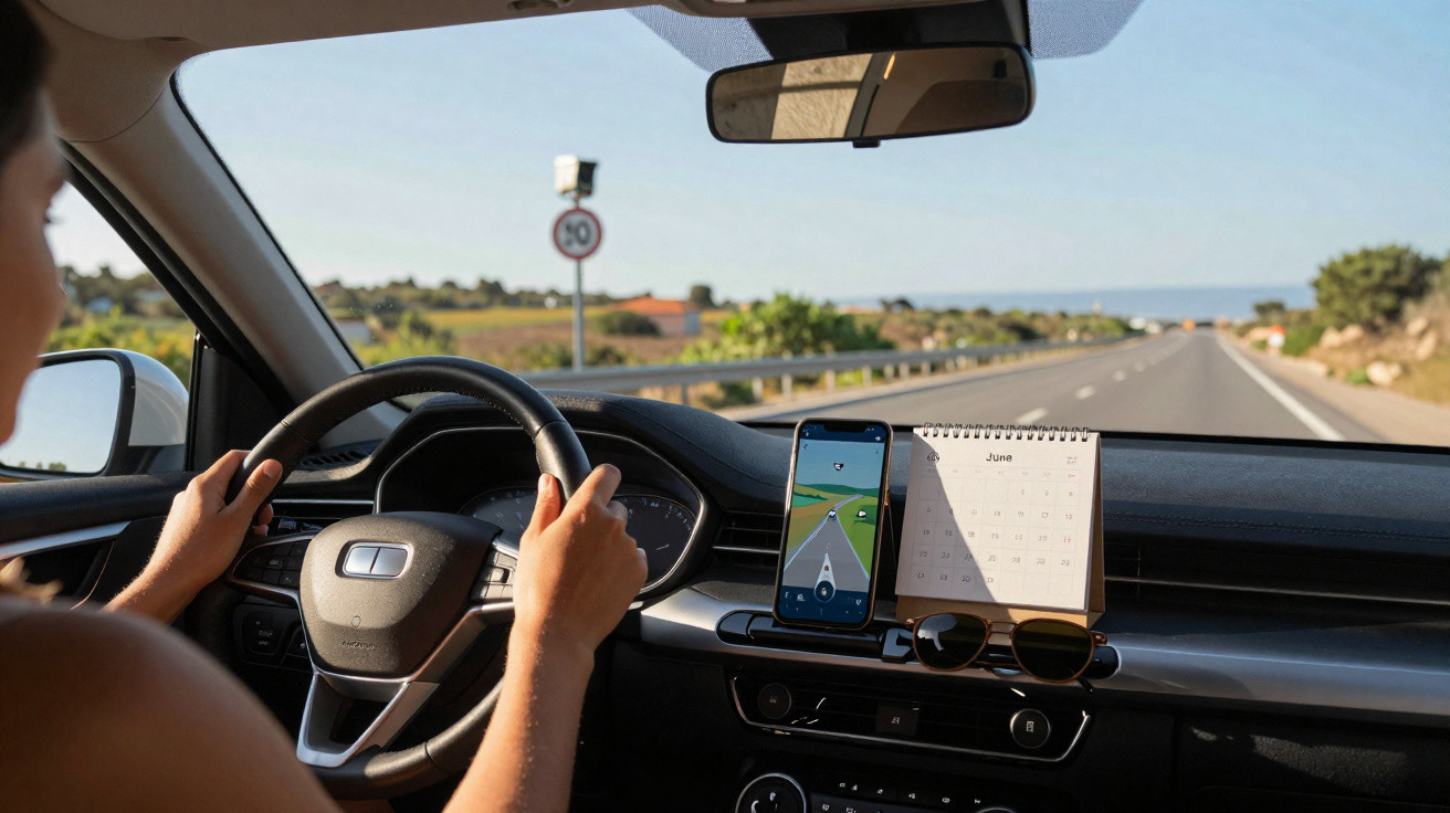 Pessoa dirigindo carro em estrada com GPS no celular no painel e calendário na frente do motorista.
