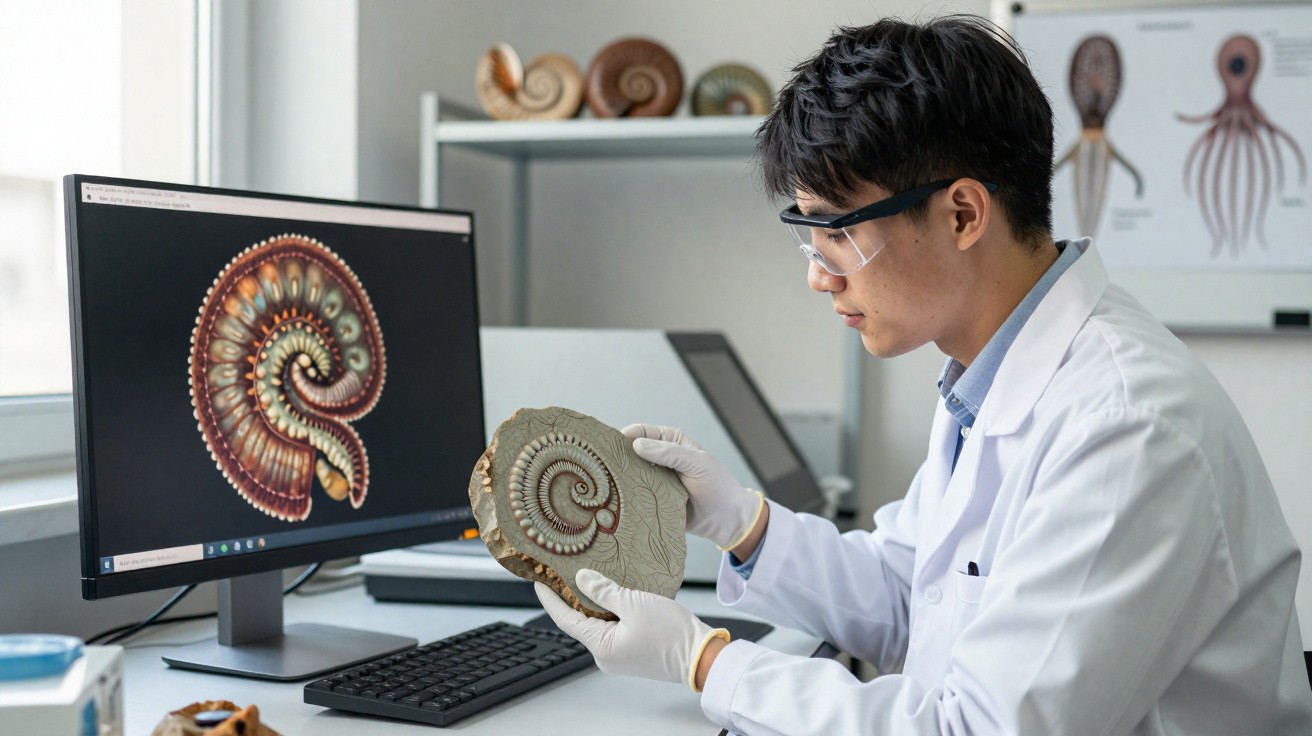 Cientista analisa fóssil de amonite em laboratório com imagem digitalizada ao fundo.