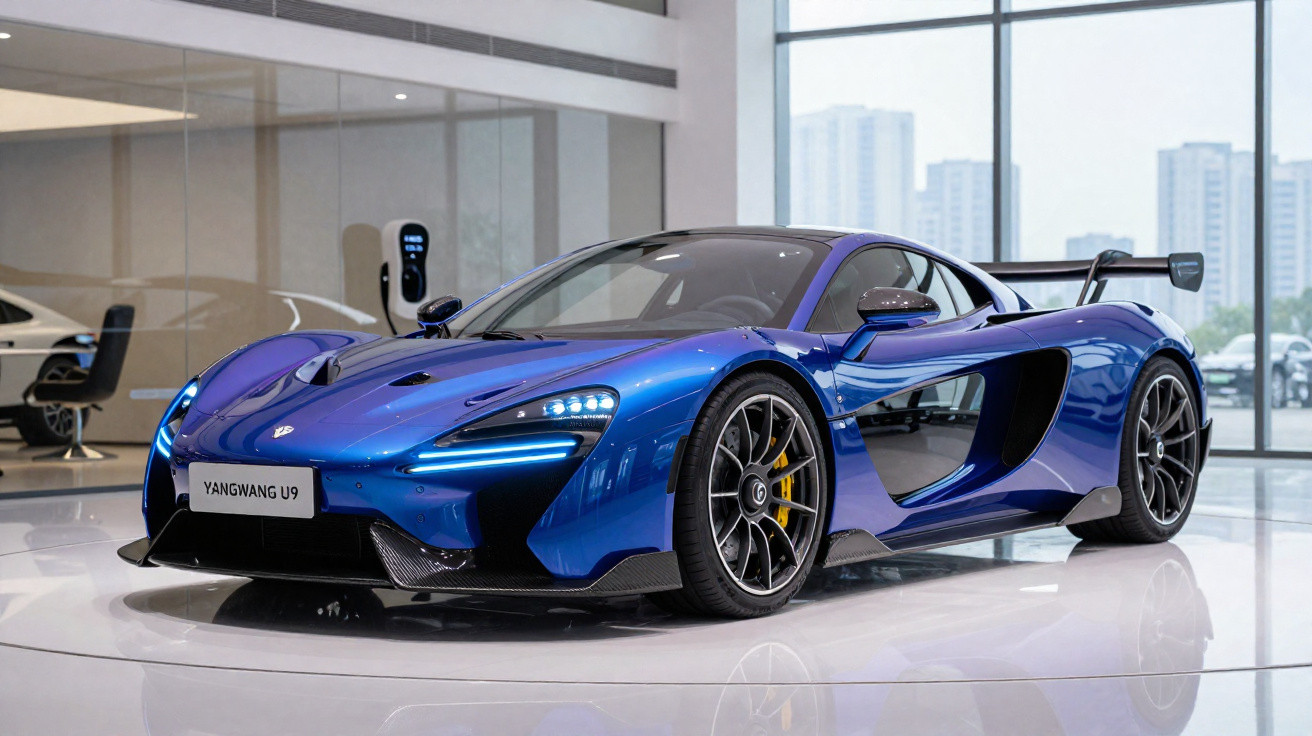 Carro esportivo azul com design aerodinâmico em exposição dentro de showroom moderno.