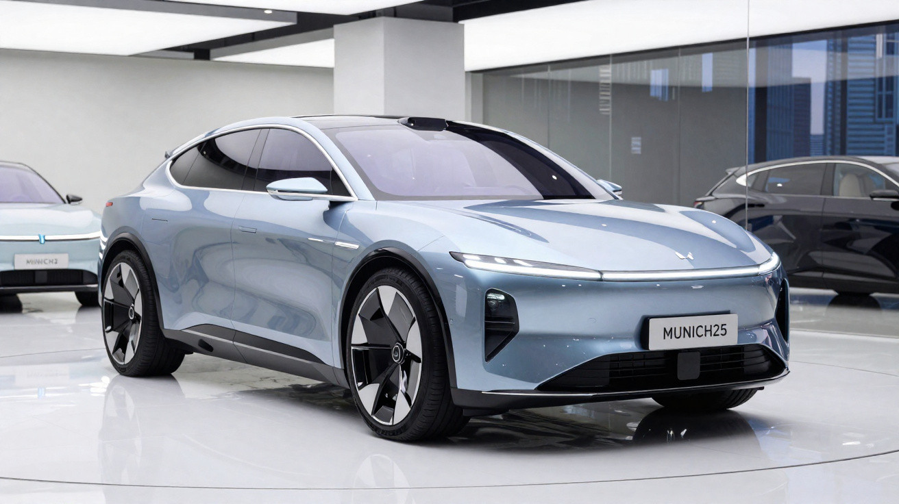 Carro elétrico azul claro 2025 em exposição moderna com design aerodinâmico e rodas grandes.