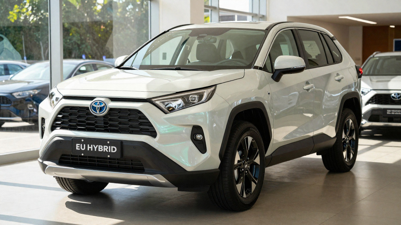 SUV branco Toyota híbrido exibido em showroom com iluminação natural.