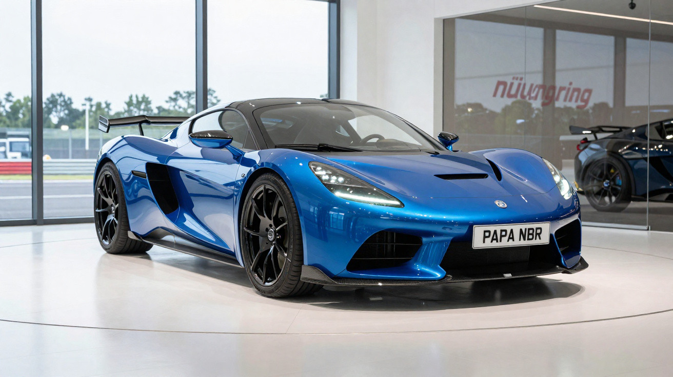 Carro esportivo azul com placa PAPA NBR exposto em showroom com janelas grandes ao fundo.