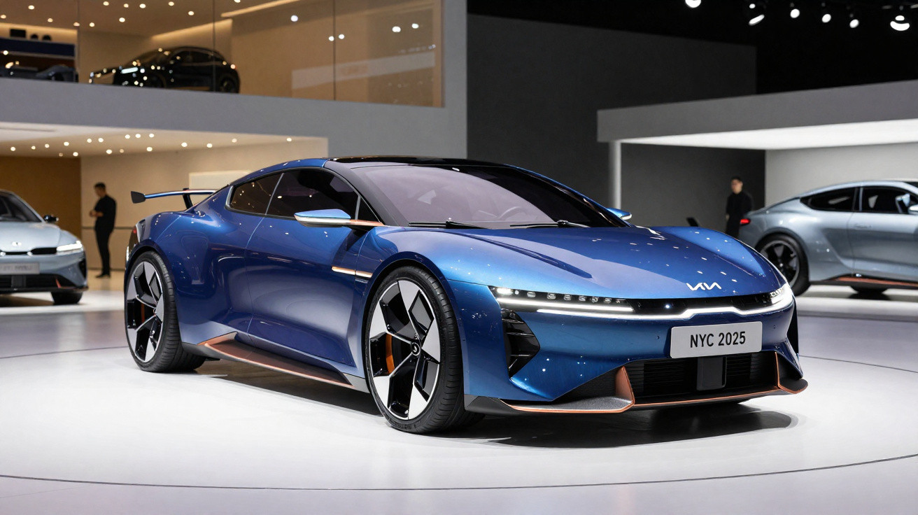 Carro esportivo elétrico azul moderno exposto em salão automotivo iluminado.