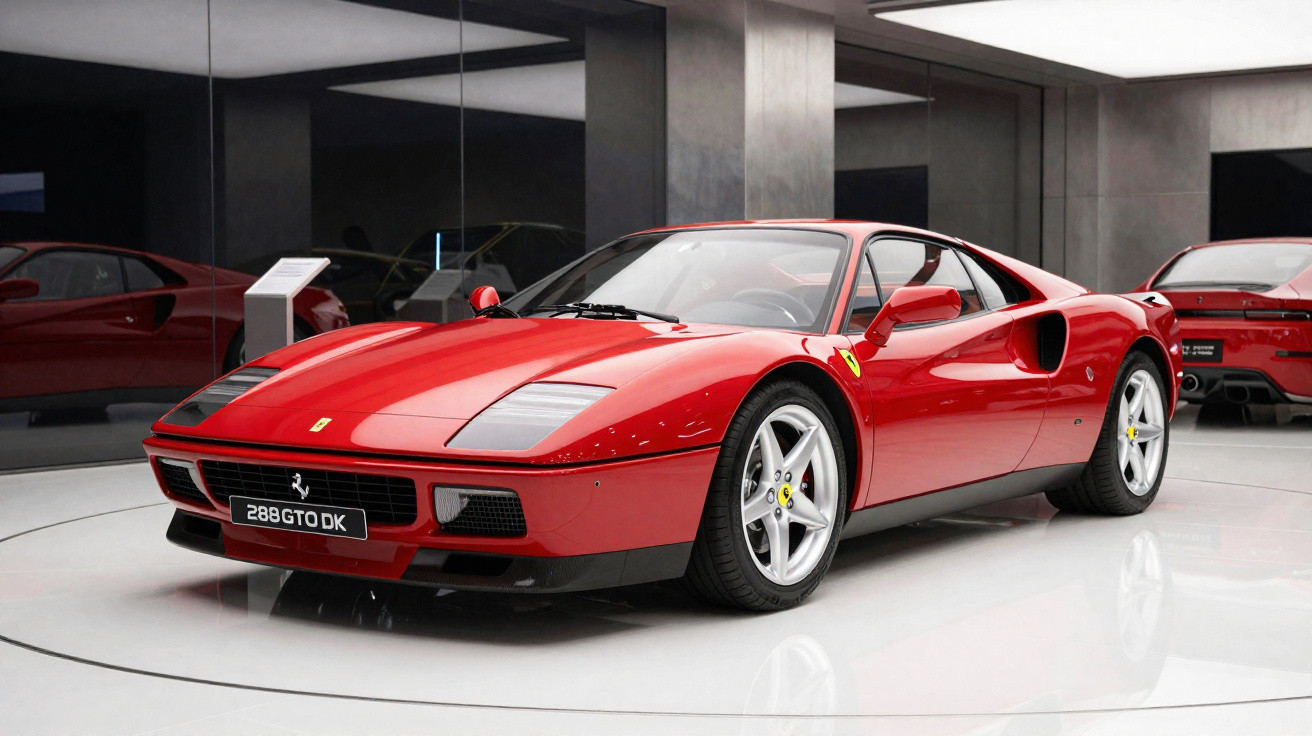 Carro esportivo Ferrari 288 GTO vermelho estacionado em showroom moderno com piso branco brilhante.