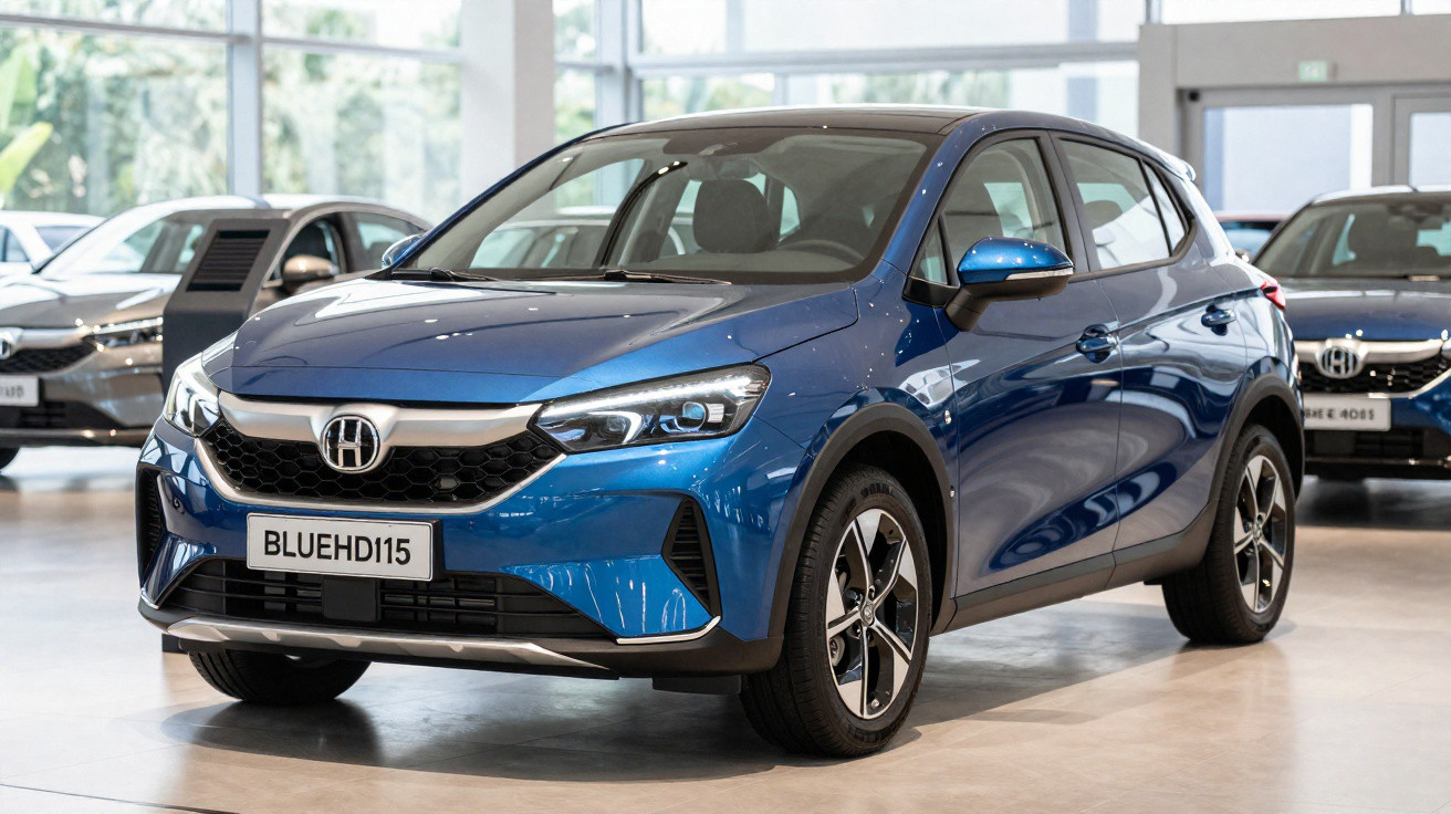 Carro compacto azul metálico em exposição dentro de showroom iluminado.